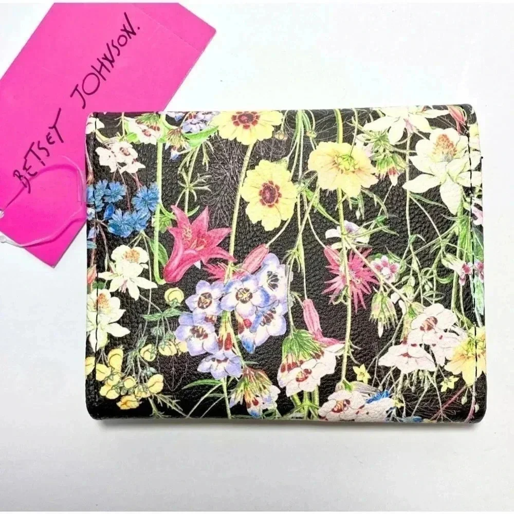 Betsey Johnson Black Floral Print Trifold Wallet NWT